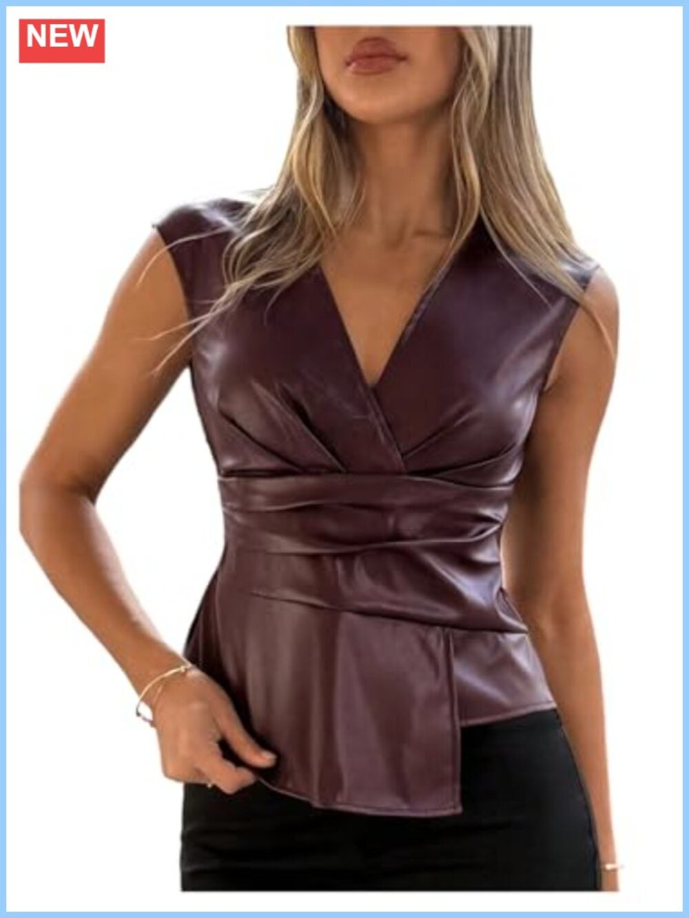 Faux Leather V Neck Sleeveless Tank Top Wrap Asymmetrical Party
